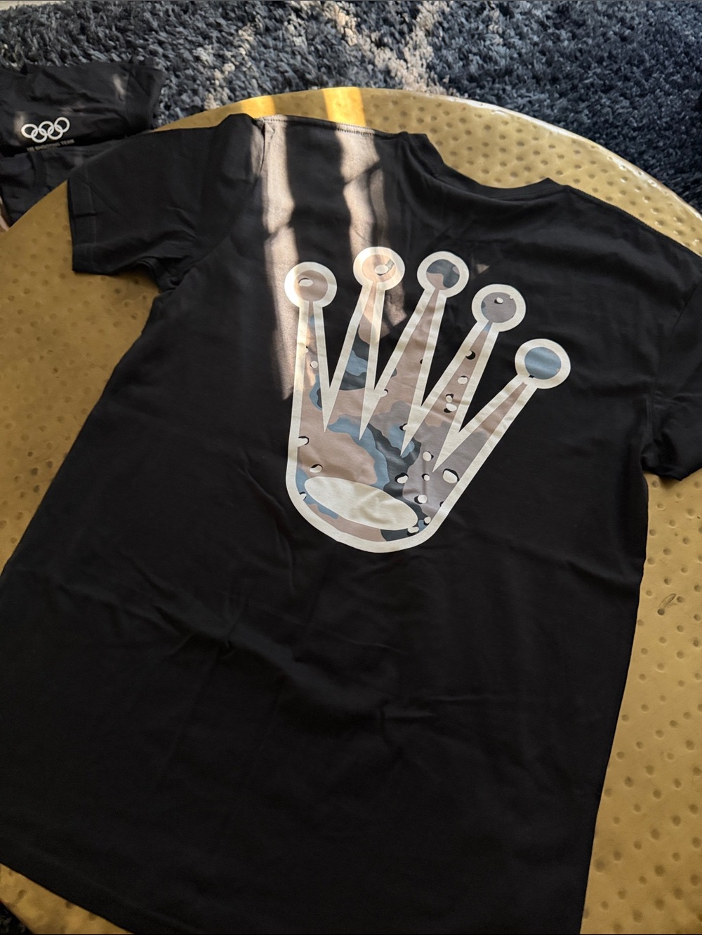 Black Graphic Crown Tee with Camouflage Accent -